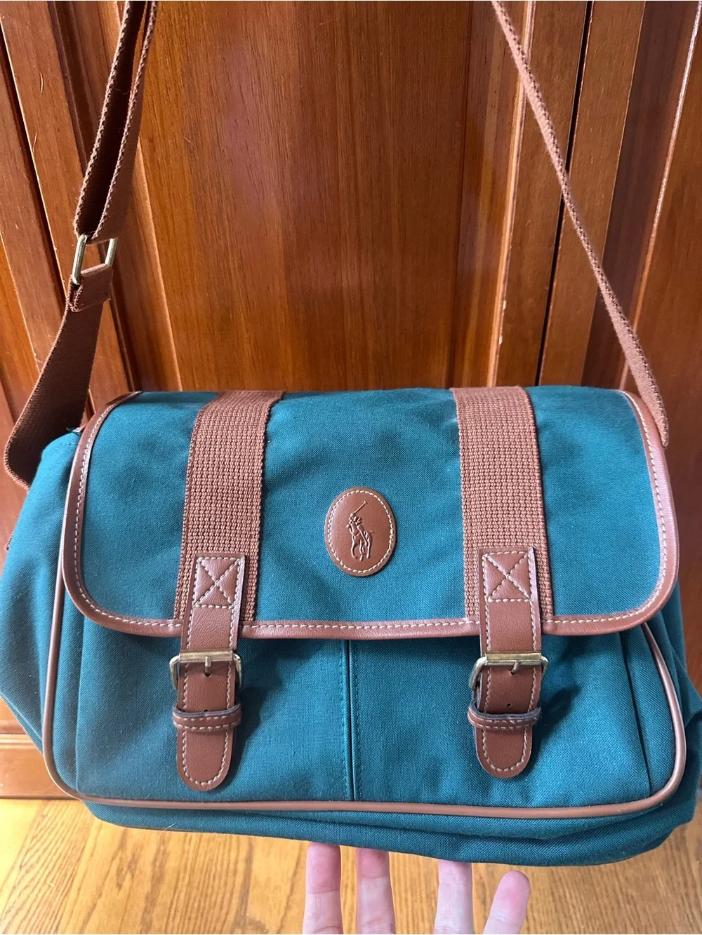 VTG Polo by Ralph Lauren Teal Canvas Messenger with Brown Trim and Strap